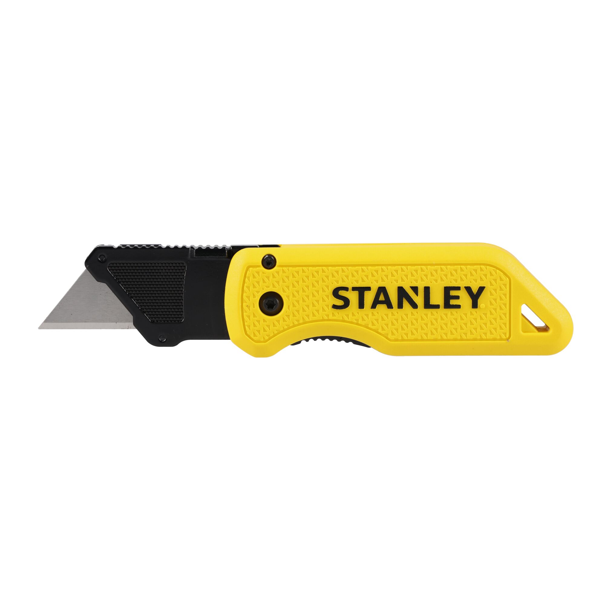 STANLEY STHT10520-0 couteau utilitaire avec poignée jaune texturée et lame noire, vue latérale sur fond blanc.
